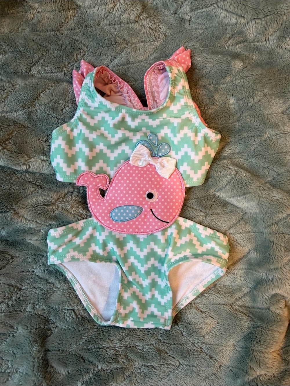 Girls Mint Chevron One-Piece Swimsuit with Pink Whale Appliqué